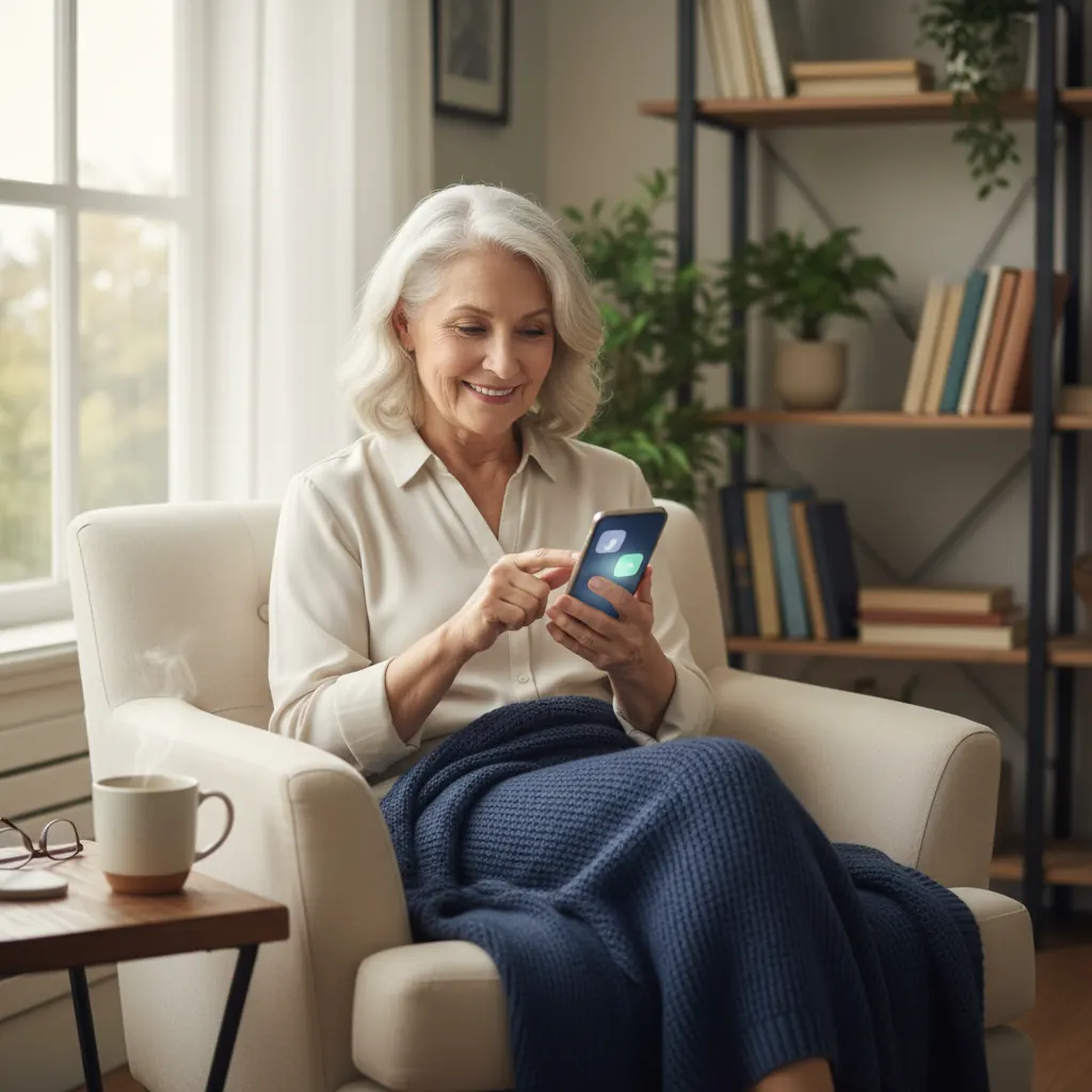 A senior person happily interacting with a smartphone displaying a medication reminder.