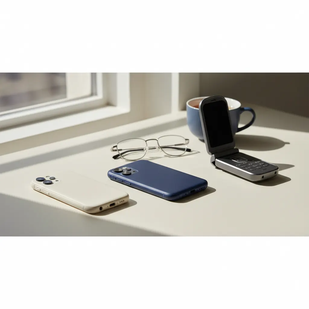 An older woman seated at a kitchen table comparing two smartphones in natural window light