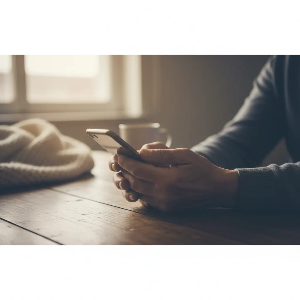 A senior woman happily holding her smartphone, displaying a Wi-Fi symbol, with a cozy home background.